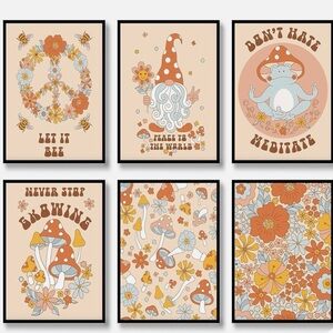 6 PC Retro Boho Hippie Canvas Wall Art Set Groovy Mushroom & Gnome Prints